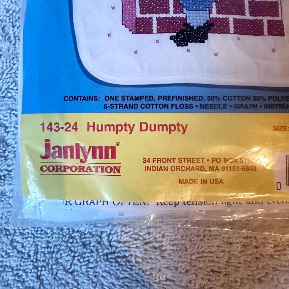 NOS Vintage Janlynn Neat & Nifty Stamped Cross Stitch Baby Bib Kit Humpty Dumpty